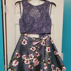 Two piece floral grey homecoming/prom dress